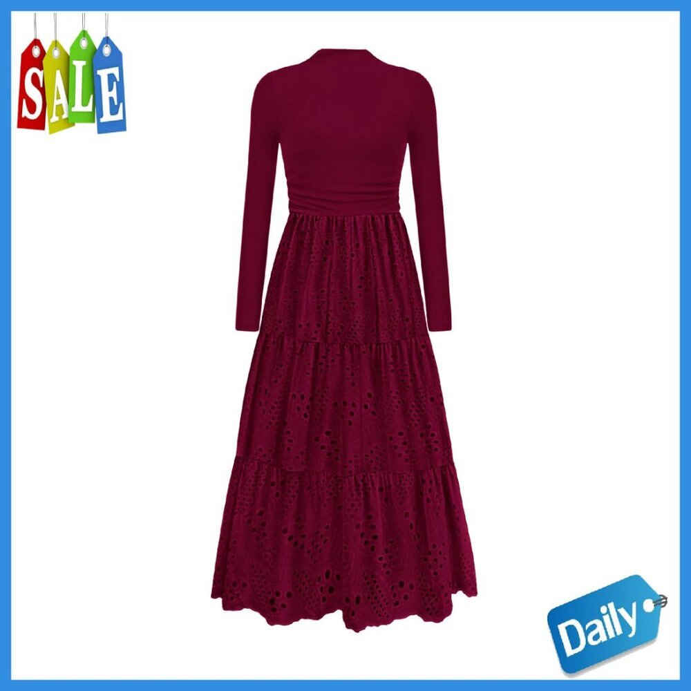 Long Sleeve Maxi Dress Mock Neck Eyelet Embroidery A-Line Wedding Guest - Picture 1 of 8